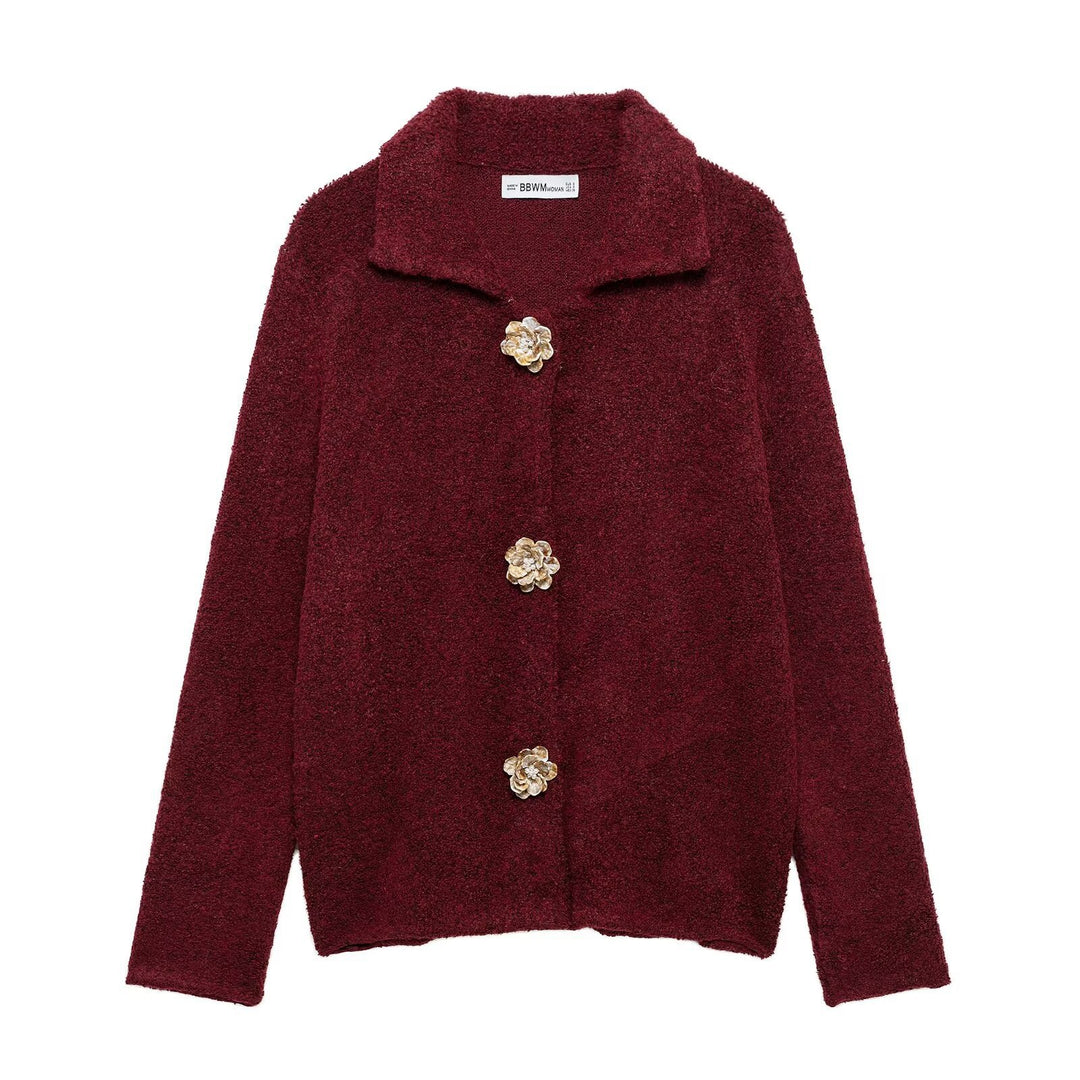 Women's short bouclé jacket with decorative flower buttons and round shawl collar Mune Fashion