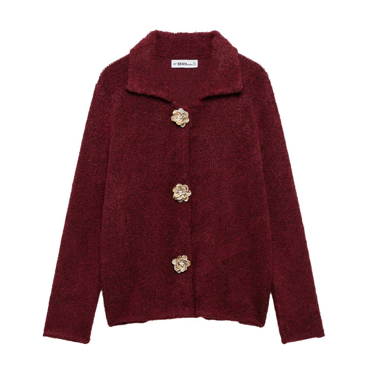 Women's short bouclé jacket with decorative flower buttons and round shawl collar Mune Fashion