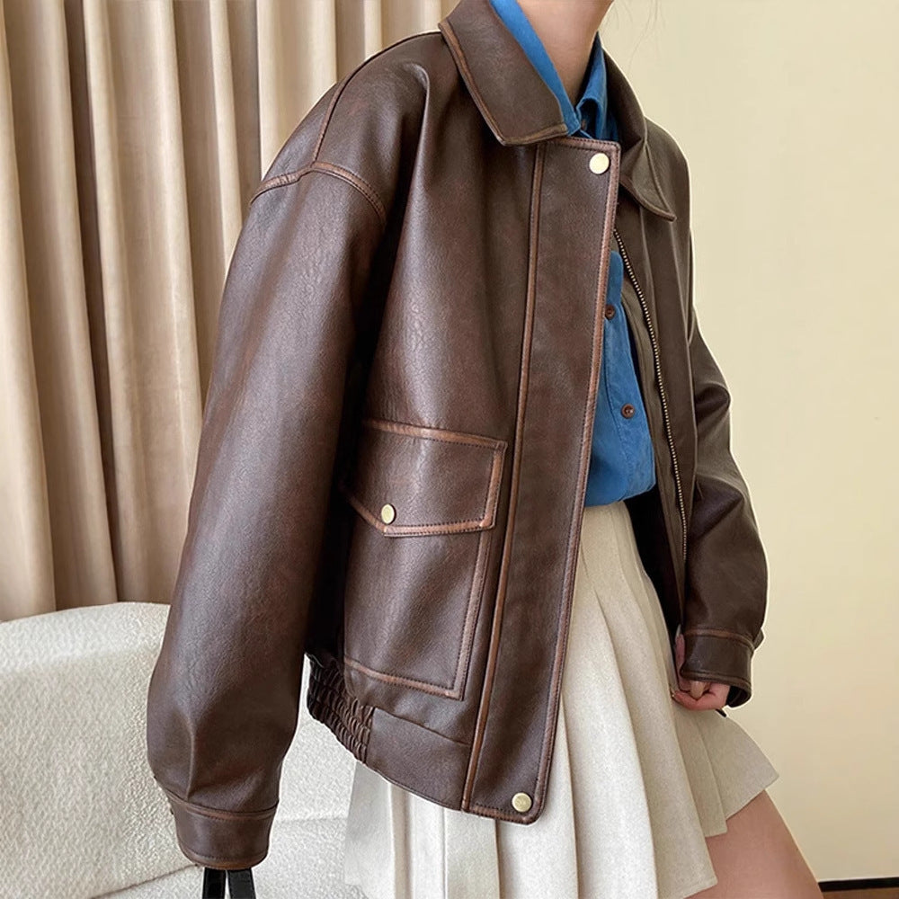Women's Oversize Faux Leather Jacket with Shirt Collar and Zipper Mune Fashion