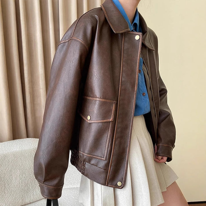 Women's Oversize Faux Leather Jacket with Shirt Collar and Zipper Mune Fashion