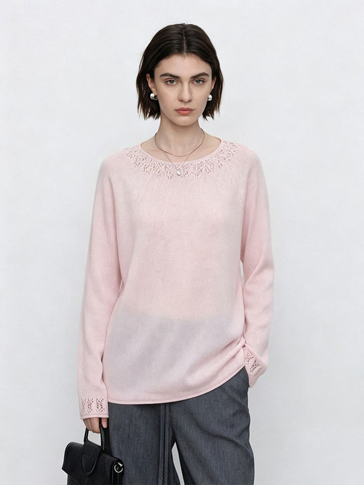 Women's Fine Round Neck Sweater with Lace Knit Detail Mune Fashion