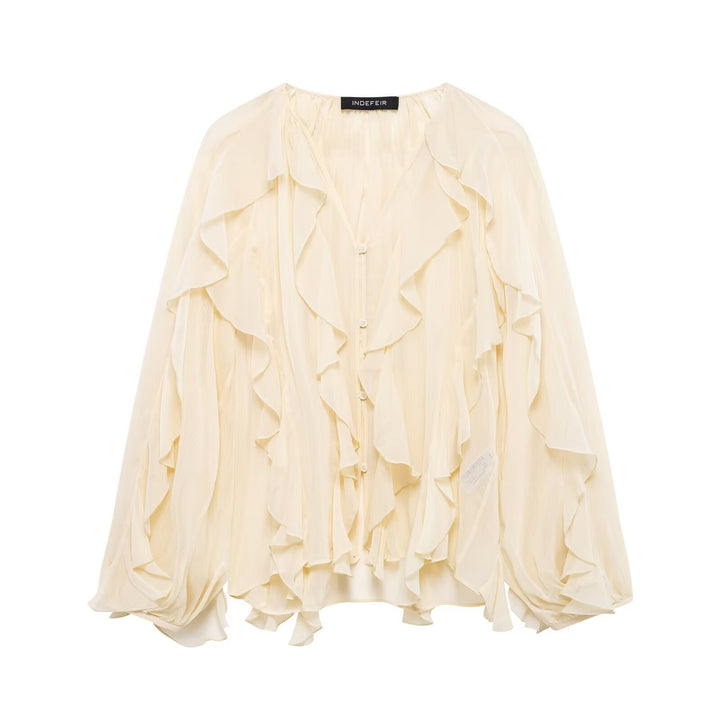 Women's feminine chiffon ruffle blouse with balloon sleeves and V-neck Mune Fashion