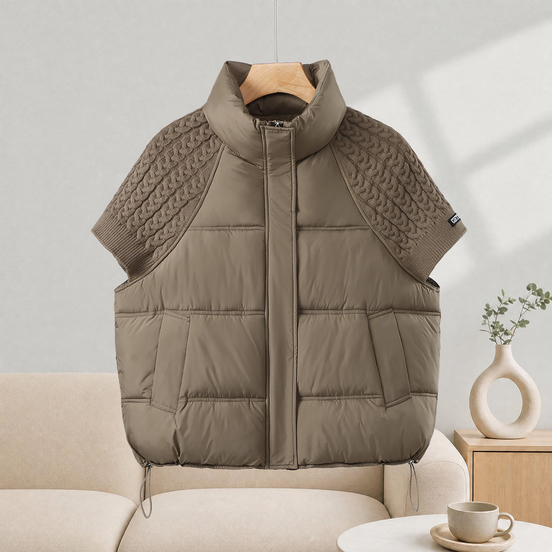 Ladies quilted vest in cape look with cable knit shoulder insert and high stand-up collar Mune Fashion