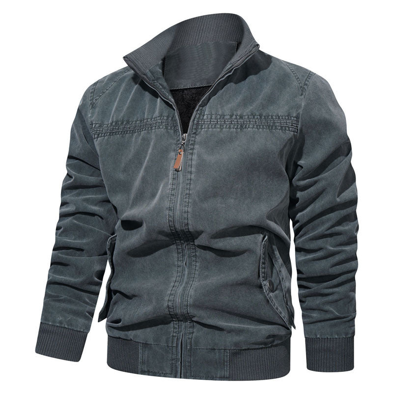 Men's Cotton Canvas Zip Blouson in Vintage Look with Structured Stand Collar and Ribbed Cuffs Mune Fashion