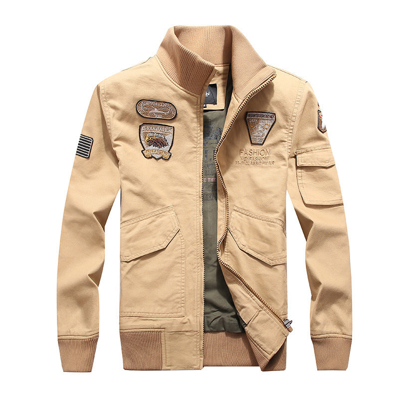 Men's Canvas Pilot Jacket with Embroidered Patches, Multiple Pockets, and Ribbed Cuffs Mune Fashion