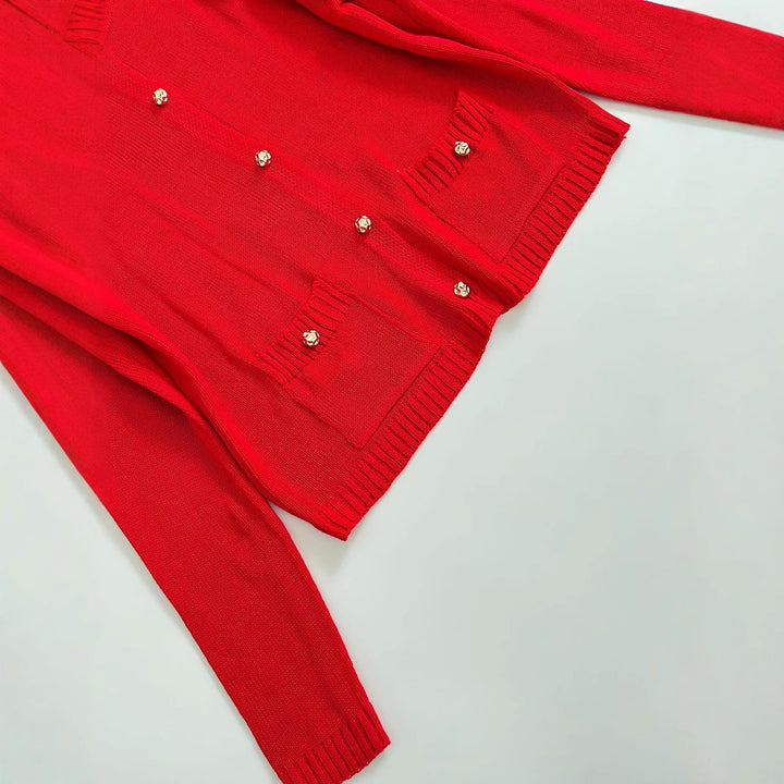 Women Fine Knit Cardigan with Decorative Buttons, Round Neckline and Patch Pockets Mune Fashion