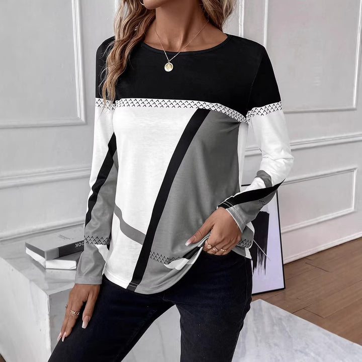 Women's Long Sleeve Shirt with Geometric Block Print and Round Neck Mune Fashion