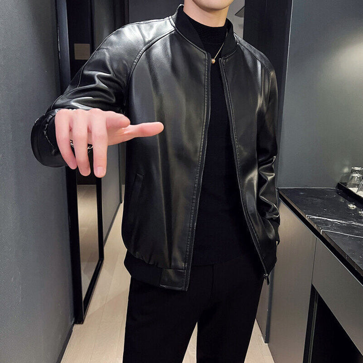 Men's Oversize Faux Leather Bomber Jacket with Raglan Sleeves, Zipper and Ribbed Cuffs Mune Fashion