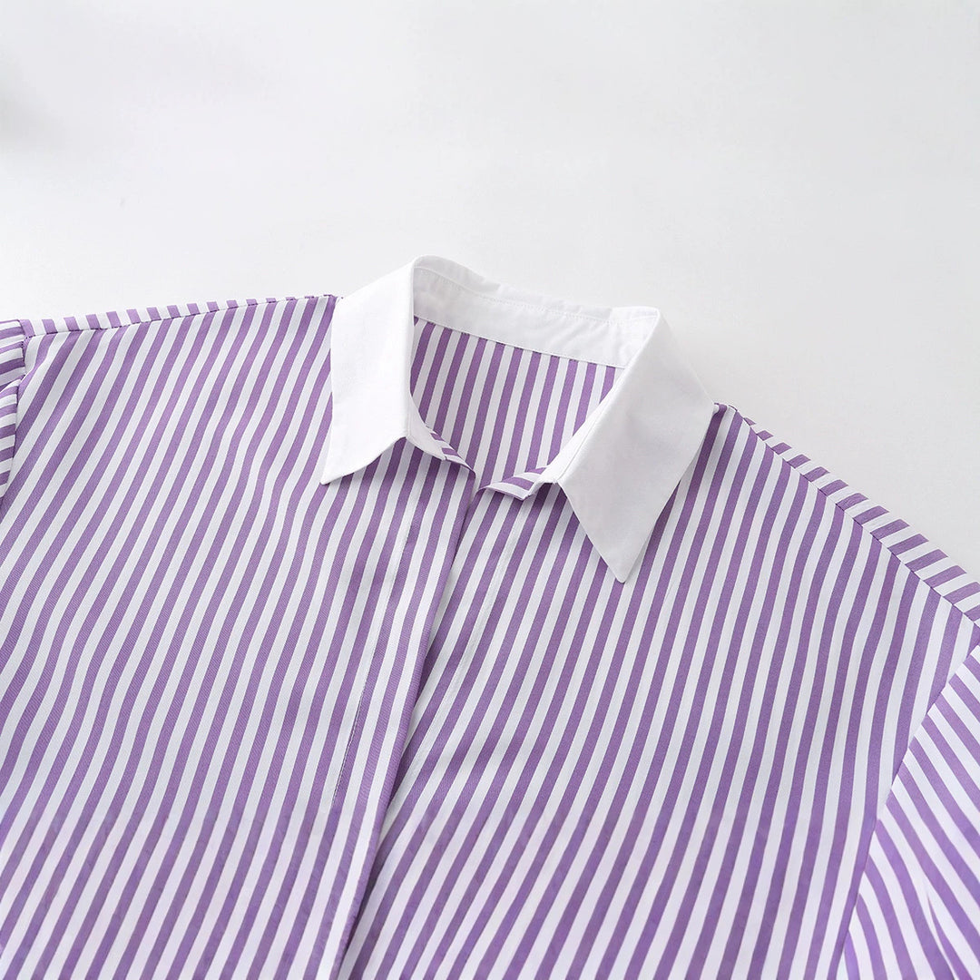 Women's Oversized Shirt Blouse with Contrasting Kent Collar and Rounded Hem Mune Fashion