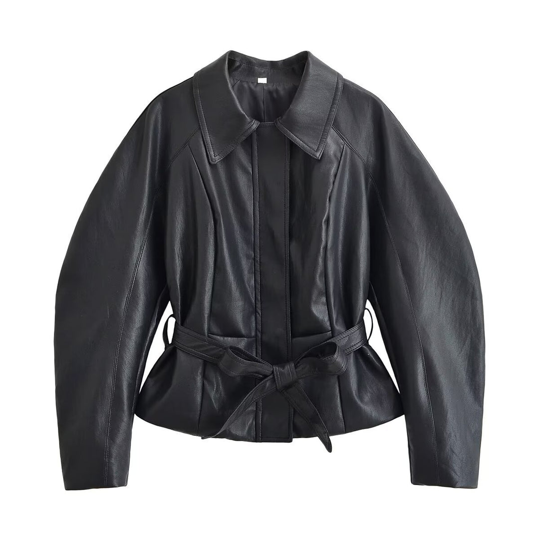 Women's Tailored Leather Look Jacket with Tie Belt and Balloon Sleeves Mune Fashion