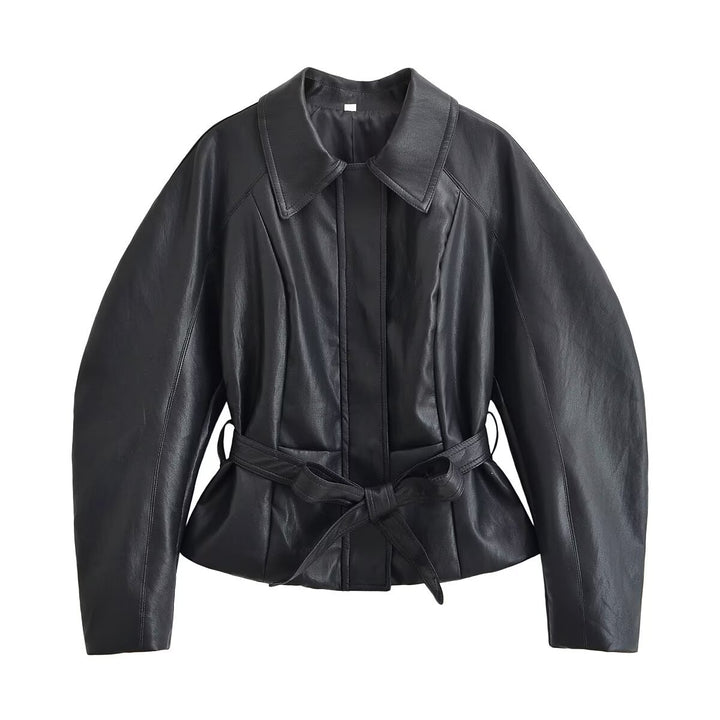 Women's Tailored Leather Look Jacket with Tie Belt and Balloon Sleeves Mune Fashion