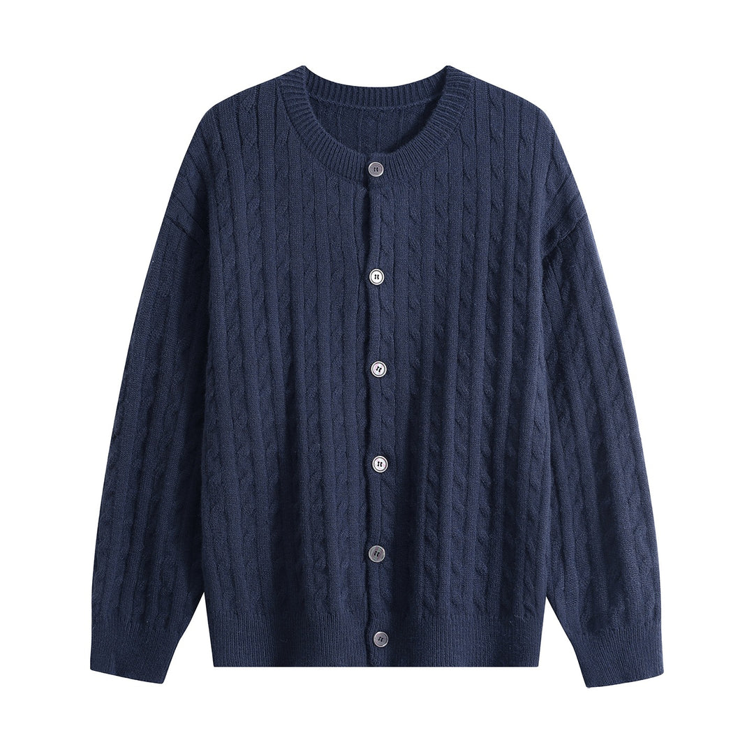 Women's chunky knit cardigan with cable pattern, round neck and continuous button placket Mune Fashion