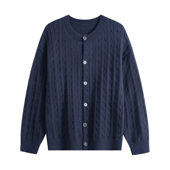 Women's chunky knit cardigan with cable pattern, round neck and continuous button placket Mune Fashion