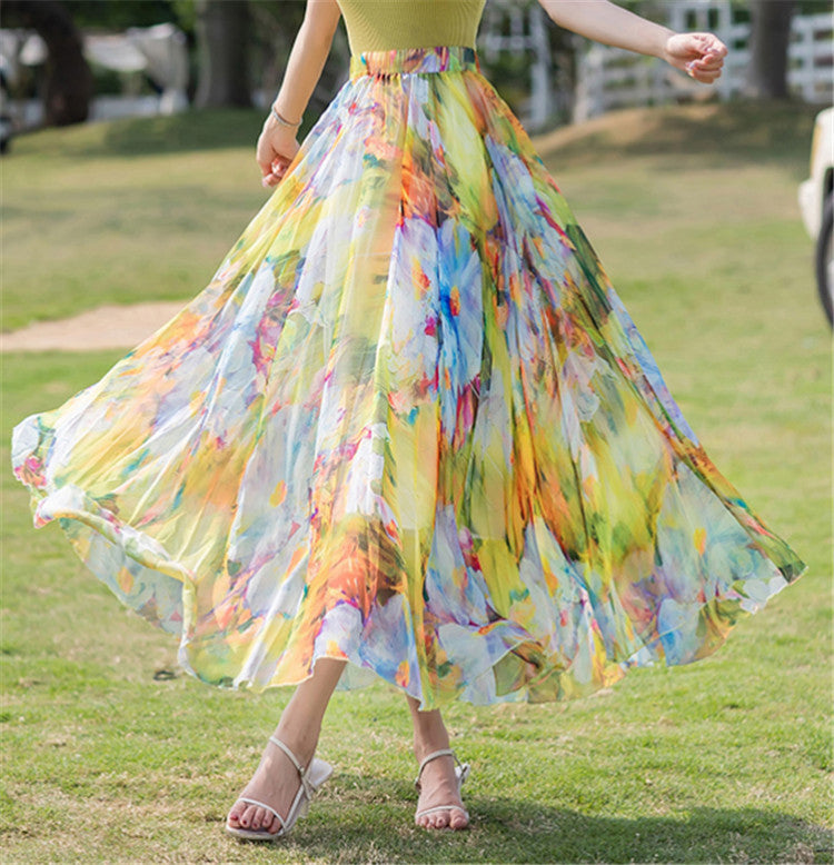 Women long pleated maxi skirt with floral summer print and elastic waistband Mune Fashion