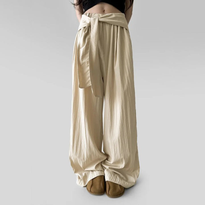 Women's high-waisted linen pants with wide leg and decorative tie belt Mune Fashion