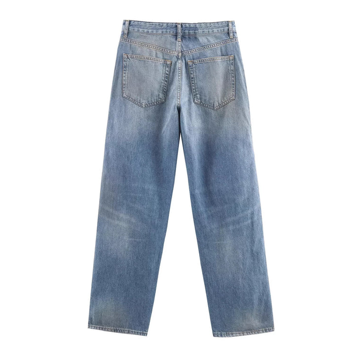 Ladies Wide High-Waist Jeans with Straight Leg and Vintage Wash Mune Fashion