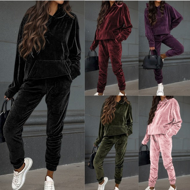 Women's Velvet Tracksuit with Hooded Hoodie, Kangaroo Pocket and Elastic Cuff Pants Mune Fashion