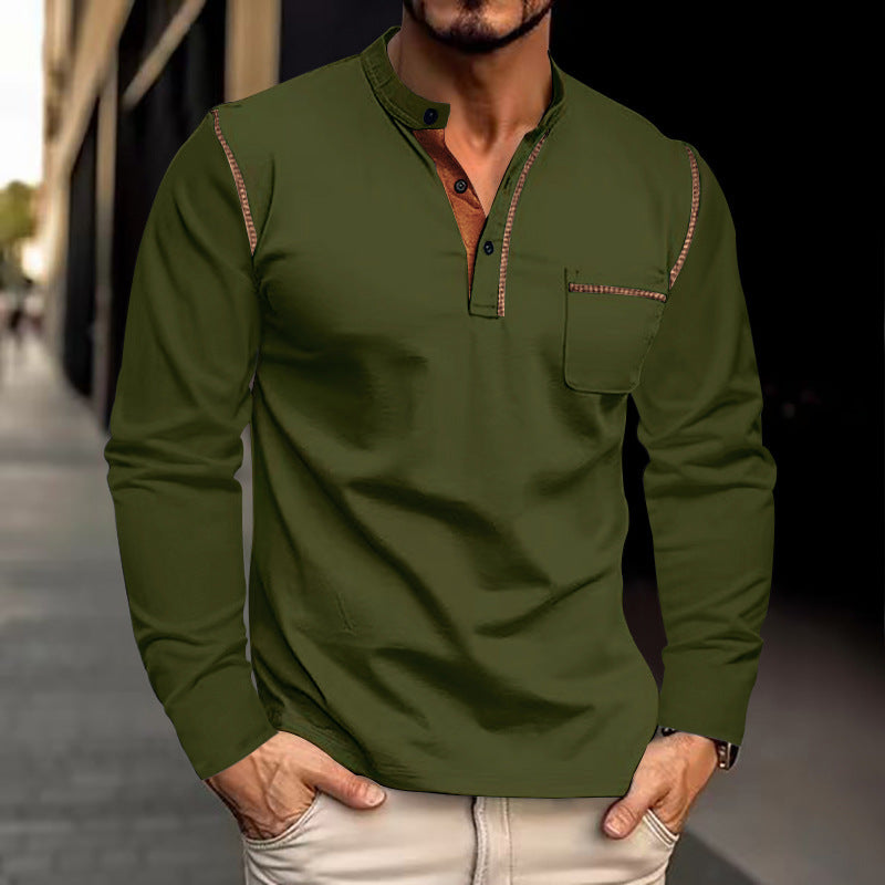 Men's Long Sleeve Henley Shirt with Stand Collar and Chest Pocket Mune Fashion