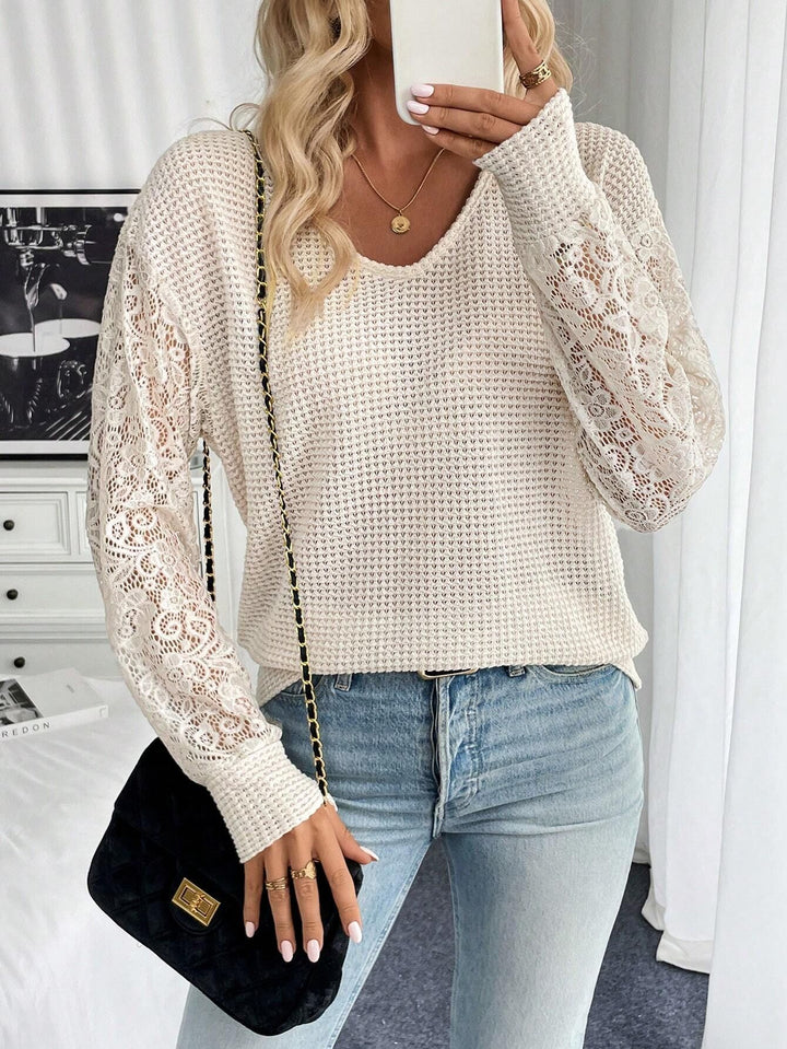 Women's slightly tailored waffle knit sweater with floral lace inserts on the sleeves Mune Fashion