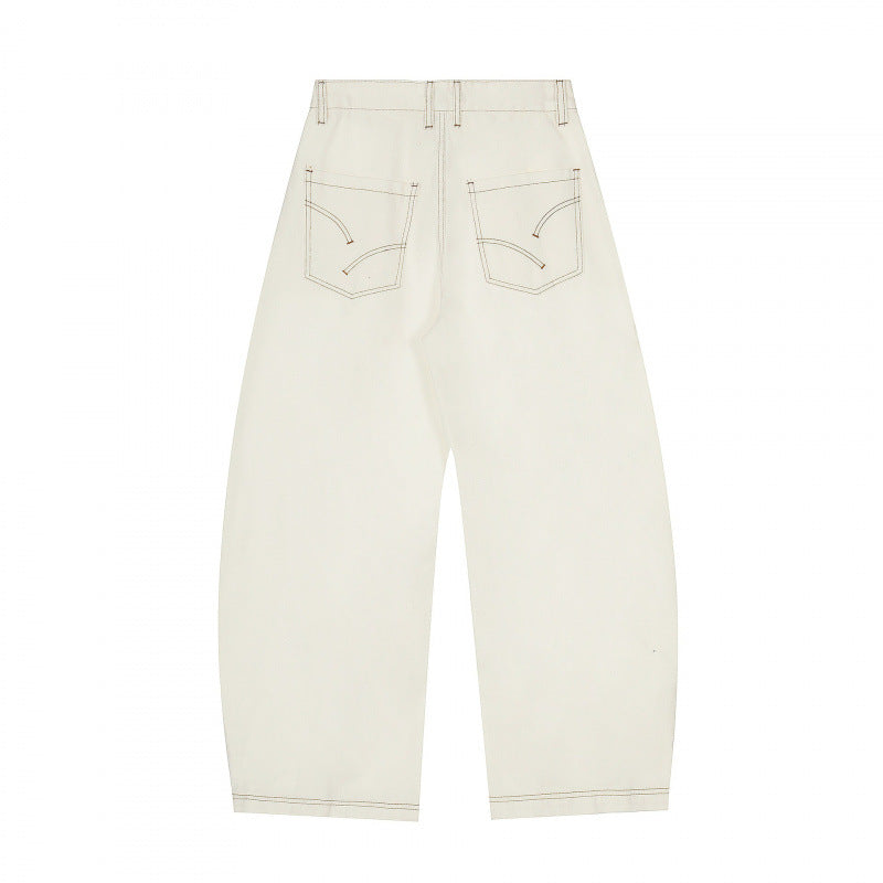 Women Wide Cropped Balloon Jeans with High Waist and Visible Contrast Stitching Mune Fashion