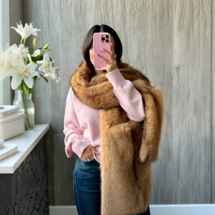Ladies' Luxurious Long Faux Fur Stole with Voluminous Shawl Collar Mune Fashion