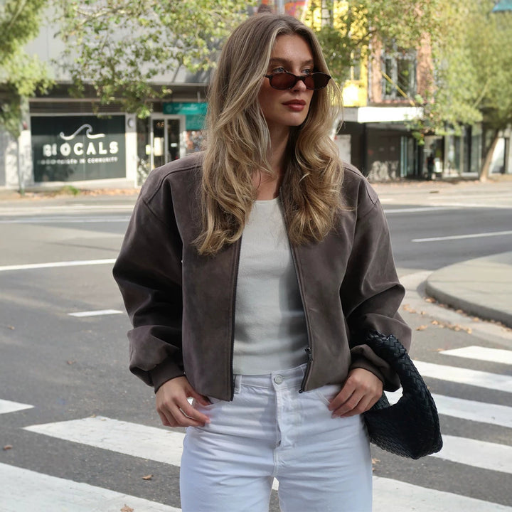 Women's Short Boxy Suede Bomber Jacket with Stand Collar and Ribbed Cuffs Mune Fashion
