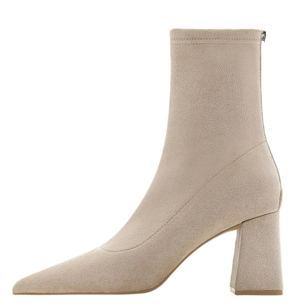 Women Lace Sock Ankle Boots with Sculptural Block Heel and Stretch Velvet Look Mune Fashion