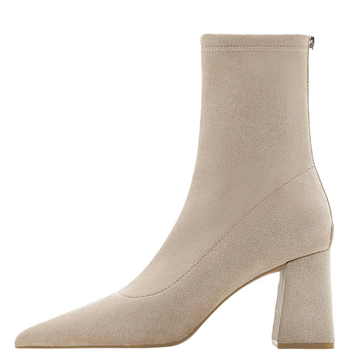 Women Lace Sock Ankle Boots with Sculptural Block Heel and Stretch Velvet Look Mune Fashion