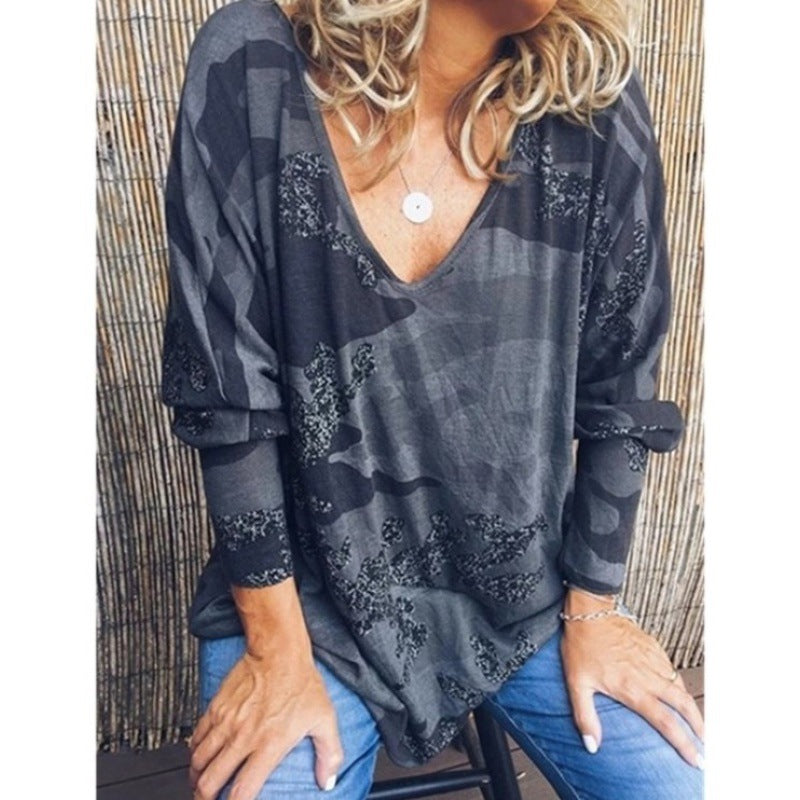 Women's Oversize V-Neck Long Shirt with Camouflage Print and Glitter Trim Mune Fashion