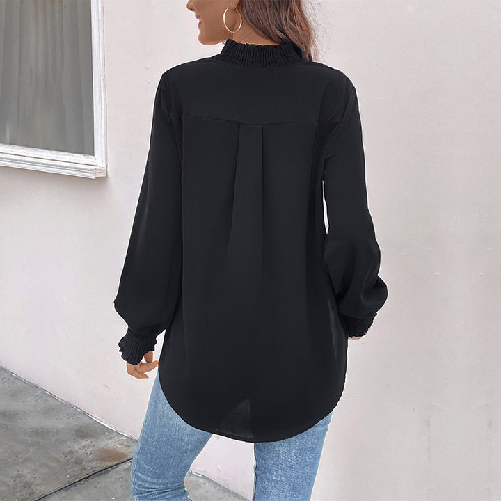 Women's Lightweight Viscose Blouse with Gathered Stand Collar, V-Neck and Smocking Cuffs