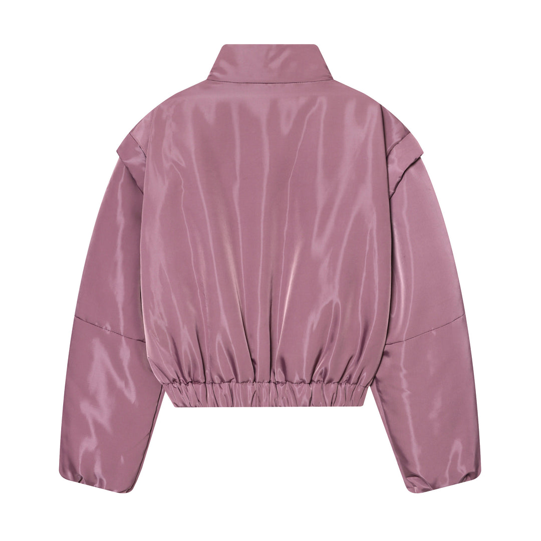 Women Cropped Padded Satin Jacket with High Stand Collar and Waist Smocking Mune Fashion