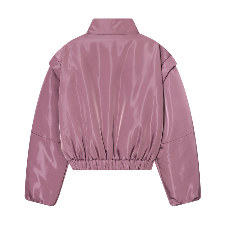 Women Cropped Padded Satin Jacket with High Stand Collar and Waist Smocking Mune Fashion