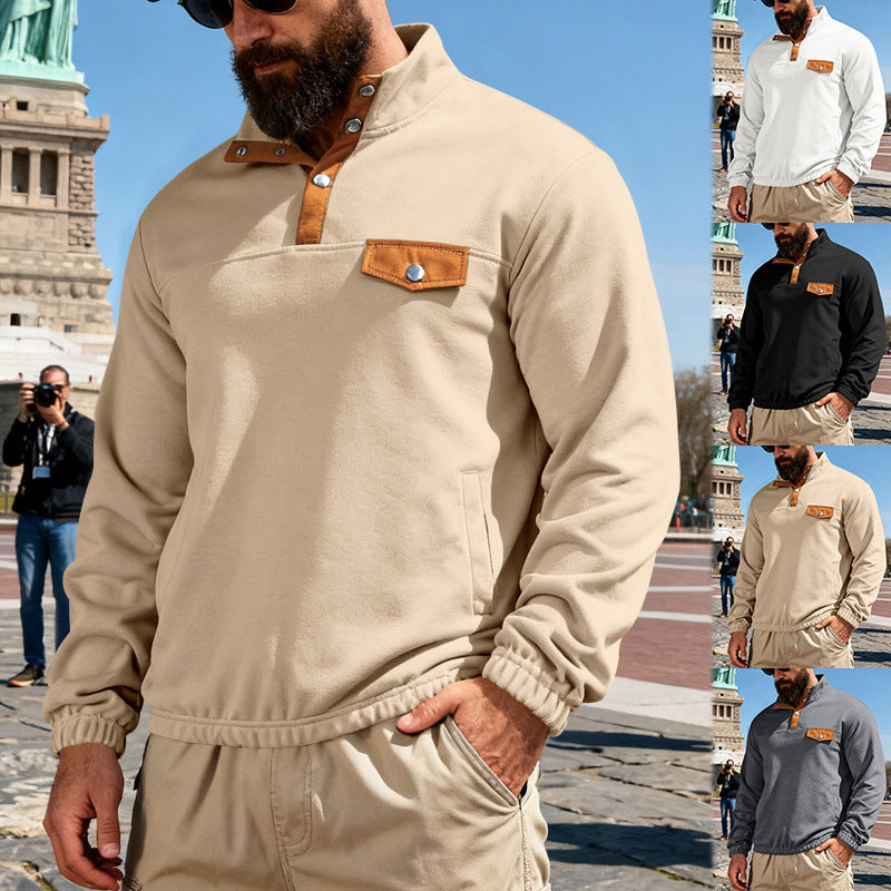 Men's functional sweat with stand-up collar, snap button placket and faux leather trim Mune Fashion
