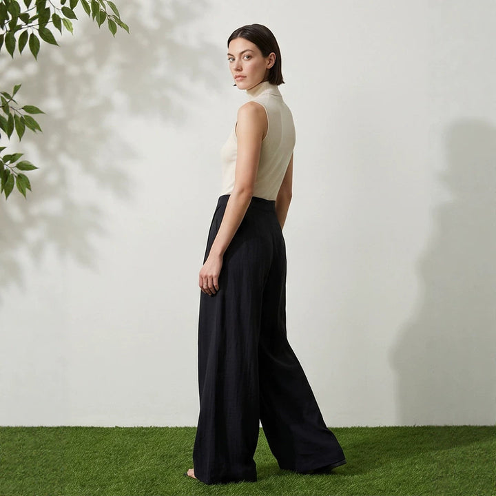 Women's High-Waist Wrap Palazzo Pants with Wide Leg and Flowing Linen Look Mune Fashion
