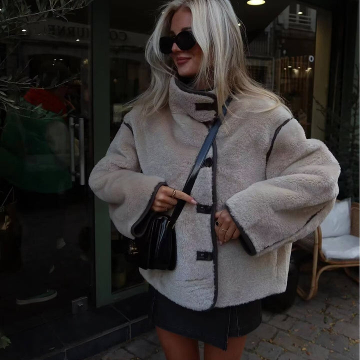 Women's short sheepskin look jacket with stand-up collar, concealed button placket and side pockets Mune Fashion
