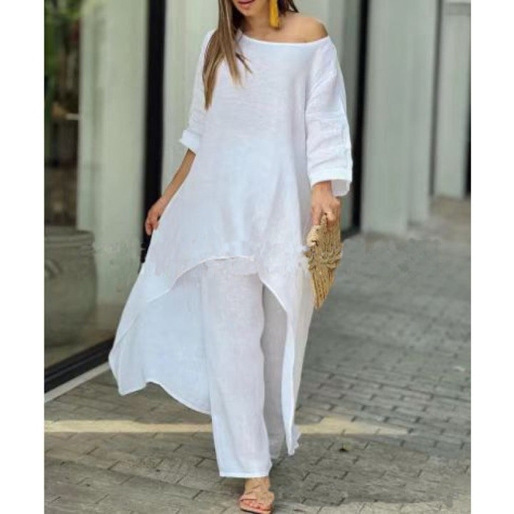 Women Lightweight Linen Two-Piece with Asymmetrical High-Low Tunic and Wide Palazzo Pants Mune Fashion