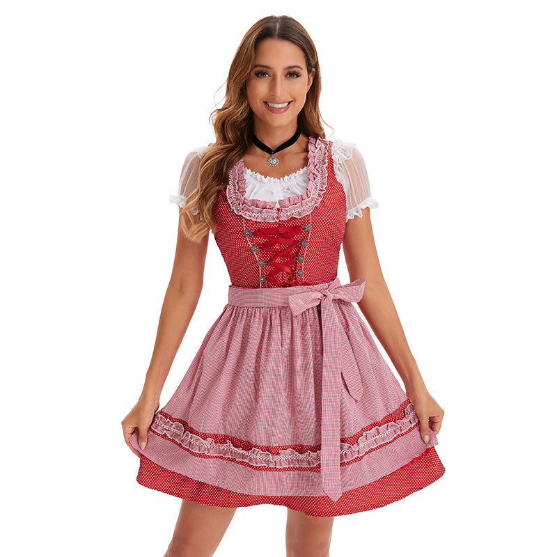 Women's short traditional dirndl dress with corset lacing lace details and tieable apron Mune Fashion