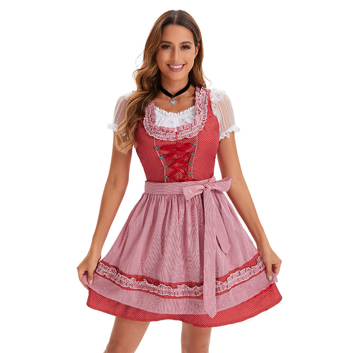 Women's short traditional dirndl dress with corset lacing lace details and tieable apron Mune Fashion