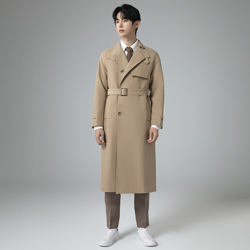Men's Long Modern Trench Coat made of lightweight twill with concealed button placket and waist belt Mune Fashion