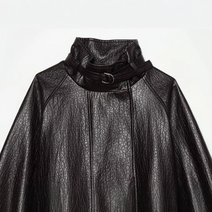 Women's short jacket made of faux leather with high buckle collar and waist belt Mune Fashion