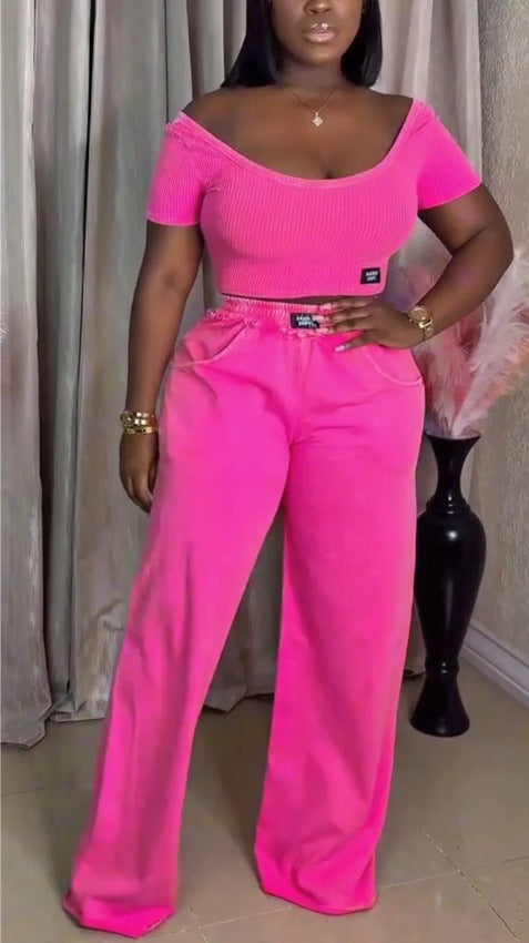 Women's off-the-shoulder ribbed crop top with wide-cut, high-waisted palazzo pants Mune Fashion