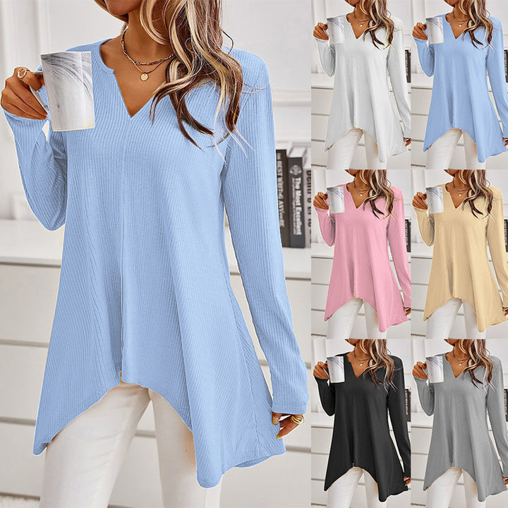 Women's Ribbed Long Sleeve Tunic with V-Neck and Asymmetrical Shark Hem Mune Fashion