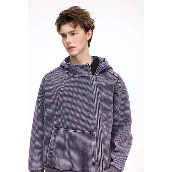 Men's Oversize Waffle Structure Hooded Jacket with High Funnel Collar and Diagonal Zipper Mune Fashion
