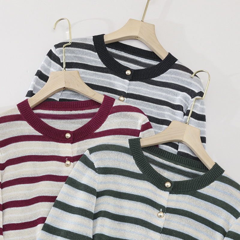 Women Lightweight Striped Cardigan made of Cotton Blend with Pearl Snap Buttons and Ribbed Cuffs Mune Fashion