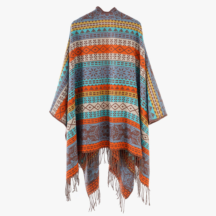 Women's Cape-Poncho with multicolored Jacquard, open front and fringe hem Mune Fashion