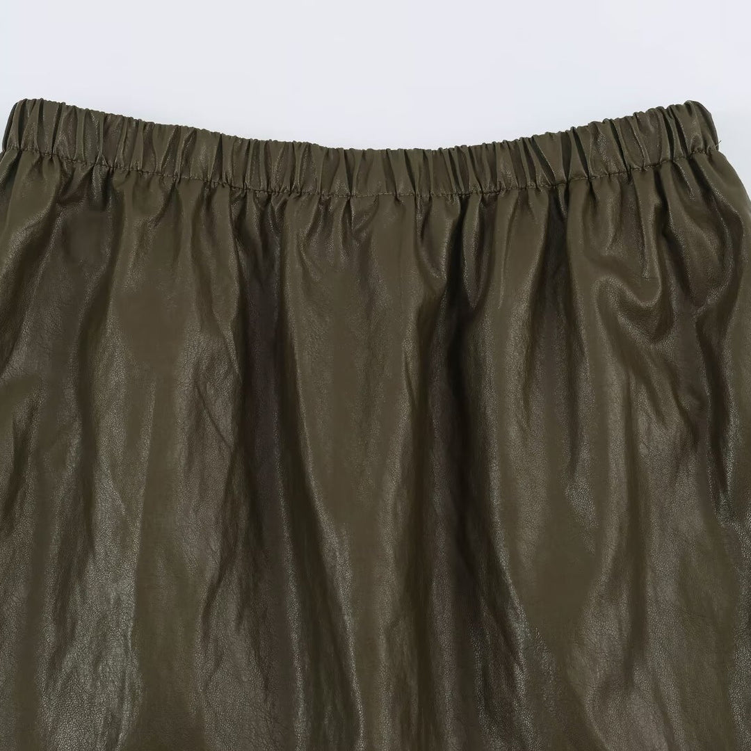 Women’s midi dress made of coated synthetic leather with elastic waistband and double-layered ruffle trim Mune Fashion
