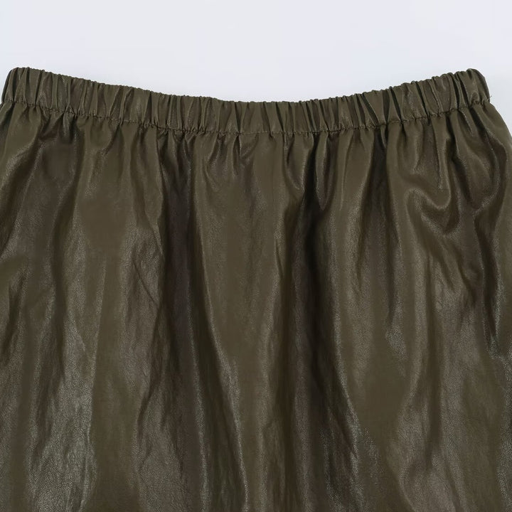 Women’s midi dress made of coated synthetic leather with elastic waistband and double-layered ruffle trim Mune Fashion