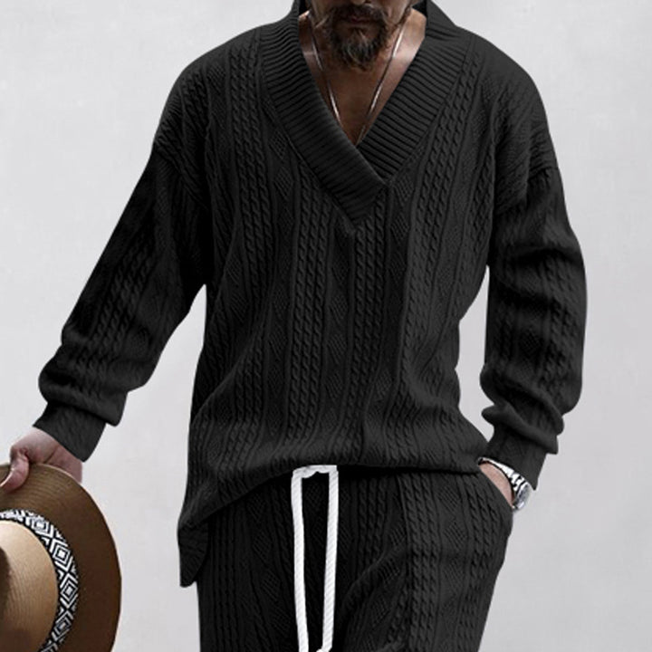 Men's Cable Knit Loungewear Set with Deep V-Neck, Relaxed Fit & Drawstring Pants Mune Fashion