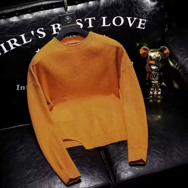 Women's short-cut knitted sweater with irregular hem and round neckline Mune Fashion