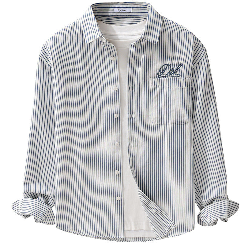 Men Striped Overshirt Shirt with Chest Pocket and Tonal Logo Embroidery Mune Fashion